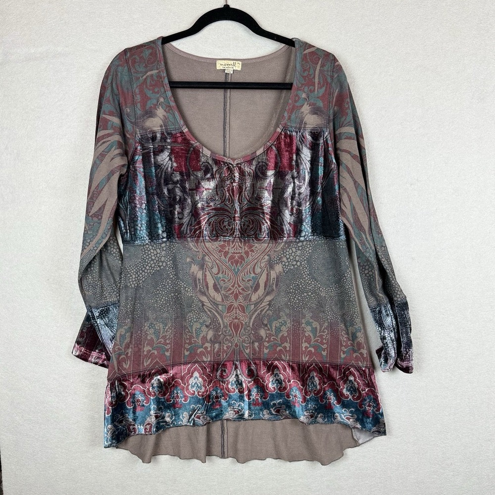 Whimsigoth Boho‎ Velvet Burnout Tunic Top XL Blue Maroon Baroque Paisley Print